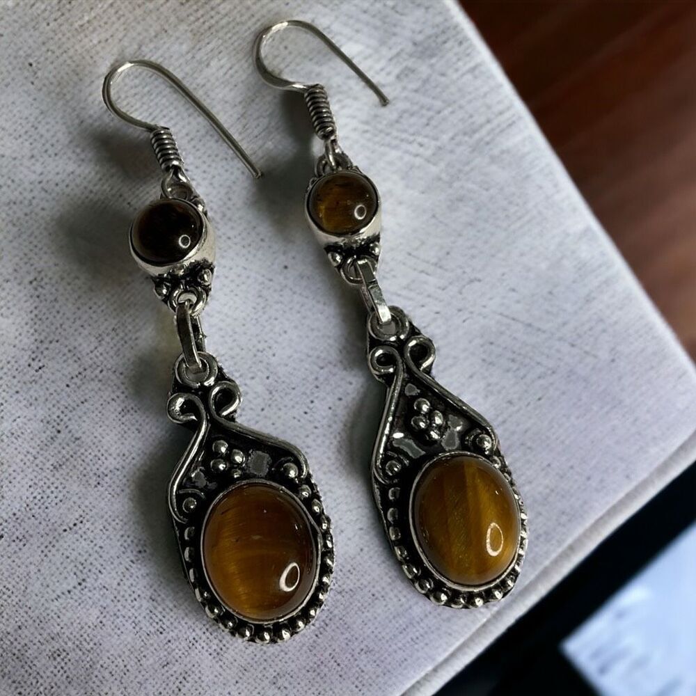 Tiger Eye Gemstone Handmade Drop Dangle Earrings Silver Vintage‎ Style